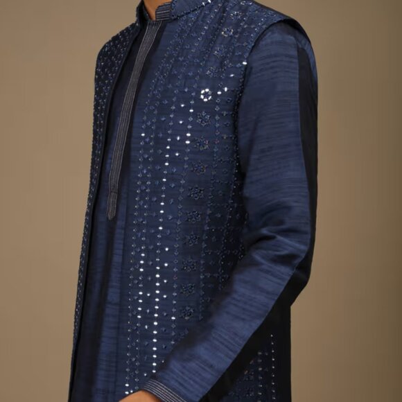 BRAND NEW Navy Blue Nehru Jacket And Kurta Set KALKI Size 38/M - Picture 3 of 6